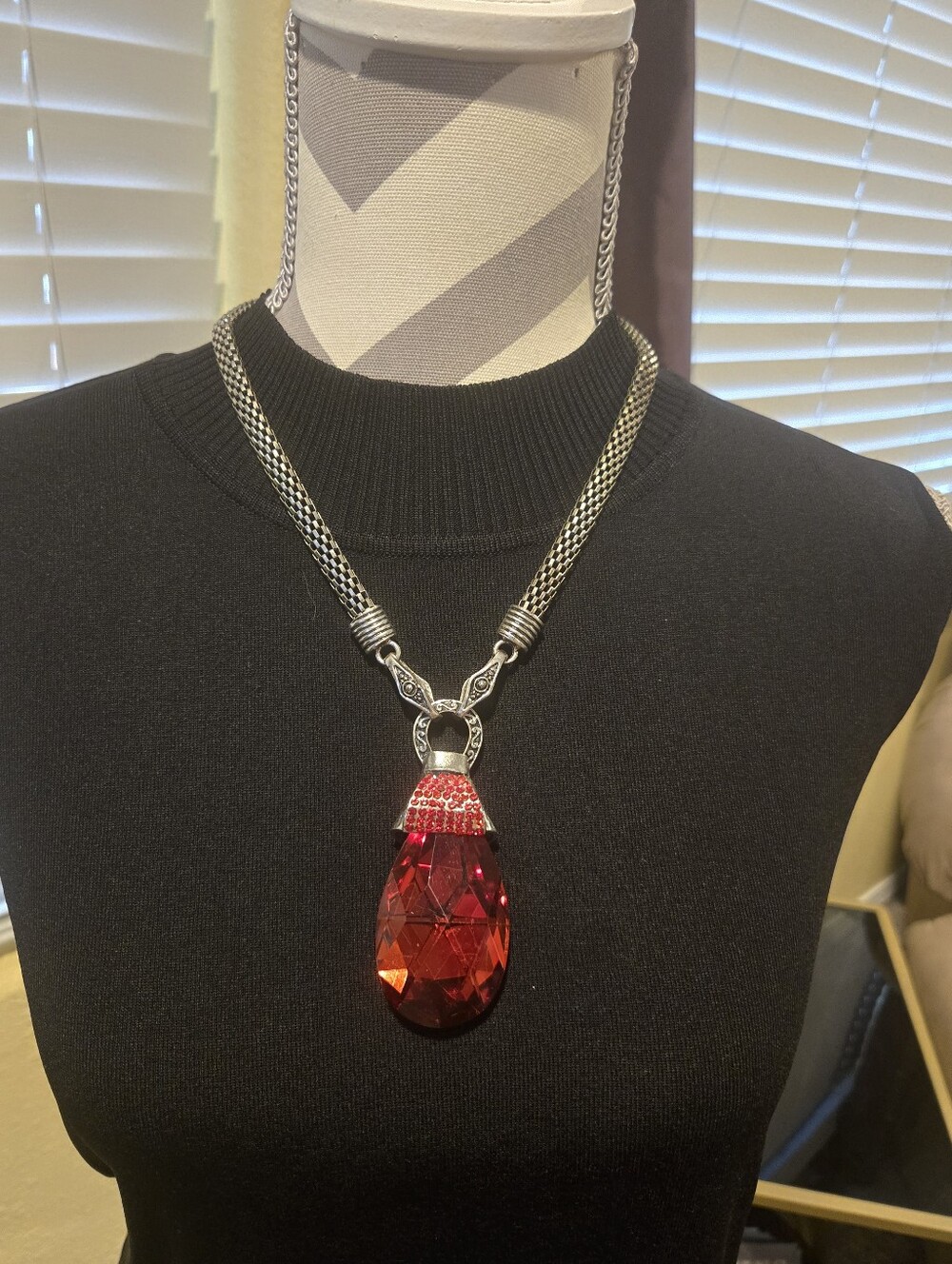 Silver Chain Necklace with Red Crystal Teardrop Pendant
